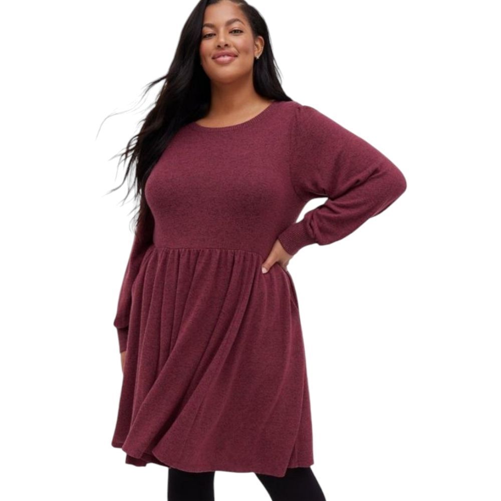 Torrid NWT Babydoll‎ Dress - Super Soft Plush Burgundy Long Sleeve Plus Size 2X